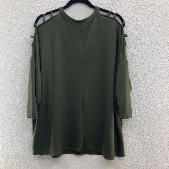Charming Charlie Olive Green Lightweight Cold Shoulder V Neck Blouse Shirt Top - Picture 3 of 6